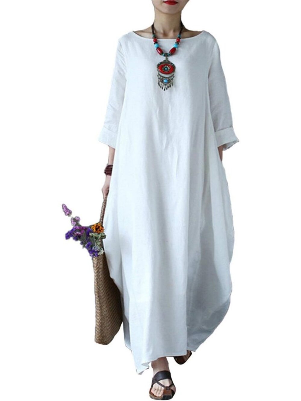 Chic Autumn Maxi Dress - Loose Fit, Solid Color, Cotton Caftan for Effortless